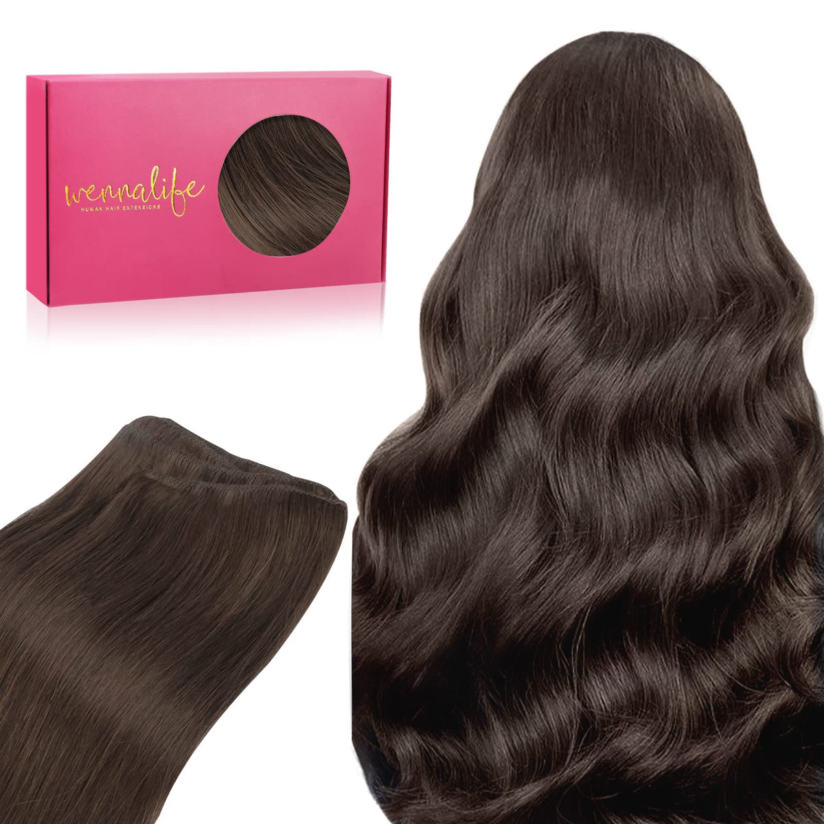 WENNALIFE 20 Inch Sew in Hair Extensions, Real Human Hair, Light Dark Brown, 100g Machine Weft