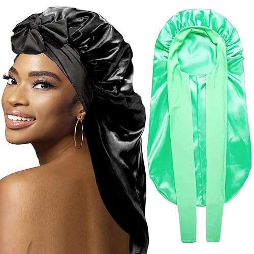 Wozutunt 2Pcs Large Long Satin Bonnets For Black Women - Silk Sleep Cap With Tie Band (Black & Green)