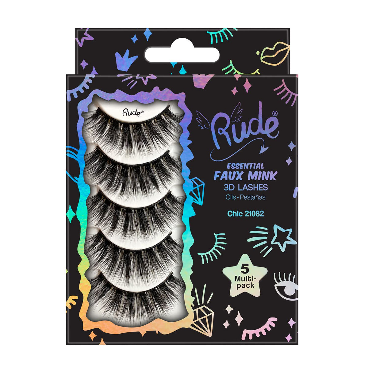 RUDE Essential Faux Mink 3D Lashes - Chic, 5 Pairs of Black Eyelashes for Women