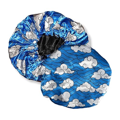 Crown Large Silky Satin Bonnet - Blue White Water Clouds With Soft Elastic Band