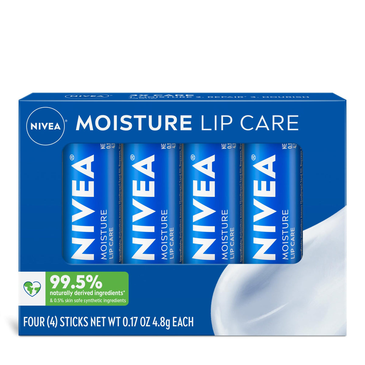 Nivea Moisture Lip Care Balm - Hydrating With Shea Butter & Oils, 4 Pack, 0.17 Oz Each