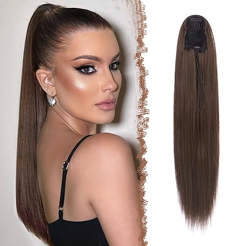 FESHFEN 20&quot; Light Brown Drawstring Ponytail Extensions - Long Straight Synthetic Hair Piece