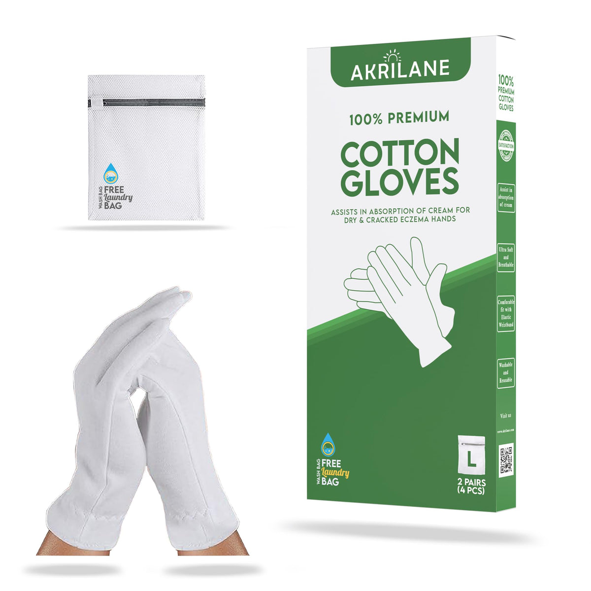 Akrilane Large 2 Pairs Cotton Moisturizing Gloves For Eczema & Dry Hands - Washable & Reusable