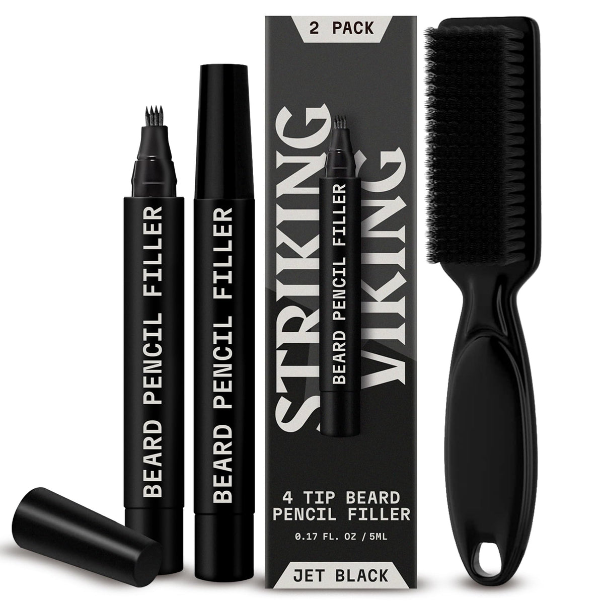 Striking Viking Beard Pencil Filler Kit - 2 Pack Jet Black With 4 Tips & Brush, Waterproof