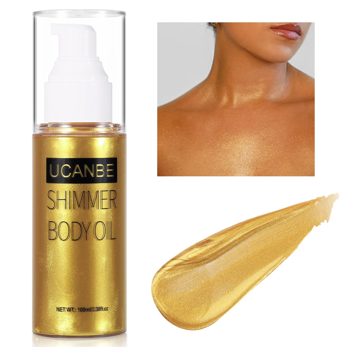 Ucanbe Body Shimmer Oil 100Ml - Moisturizing Glitter Luminizer & Bronzer, Waterproof Gold Glow