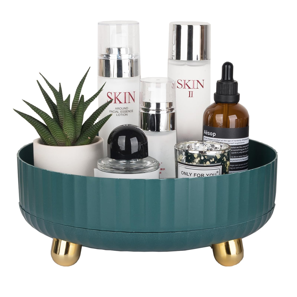 Anyoifax 360° Rotating Makeup Perfume Organizer Tray - Teal Green Cosmetics Storage For Vanity