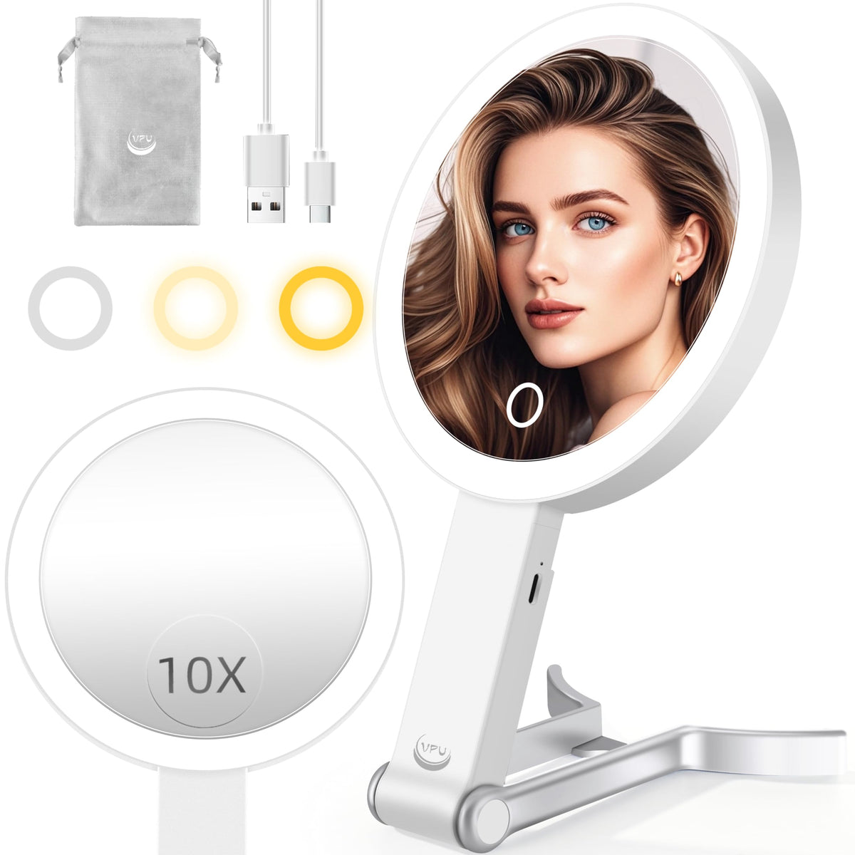 Vpu Led Travel Makeup Mirror - 10X/1X Double Sided, Dimmable, Rechargeable, Portable, White