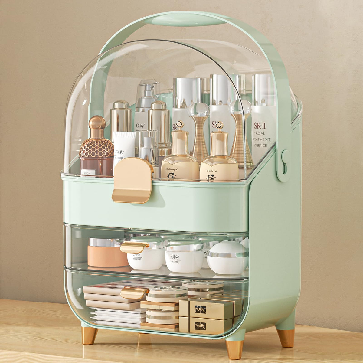 Anylady Green Makeup Organizer - Large Plastic Skincare Holder For Vanity & Dresser