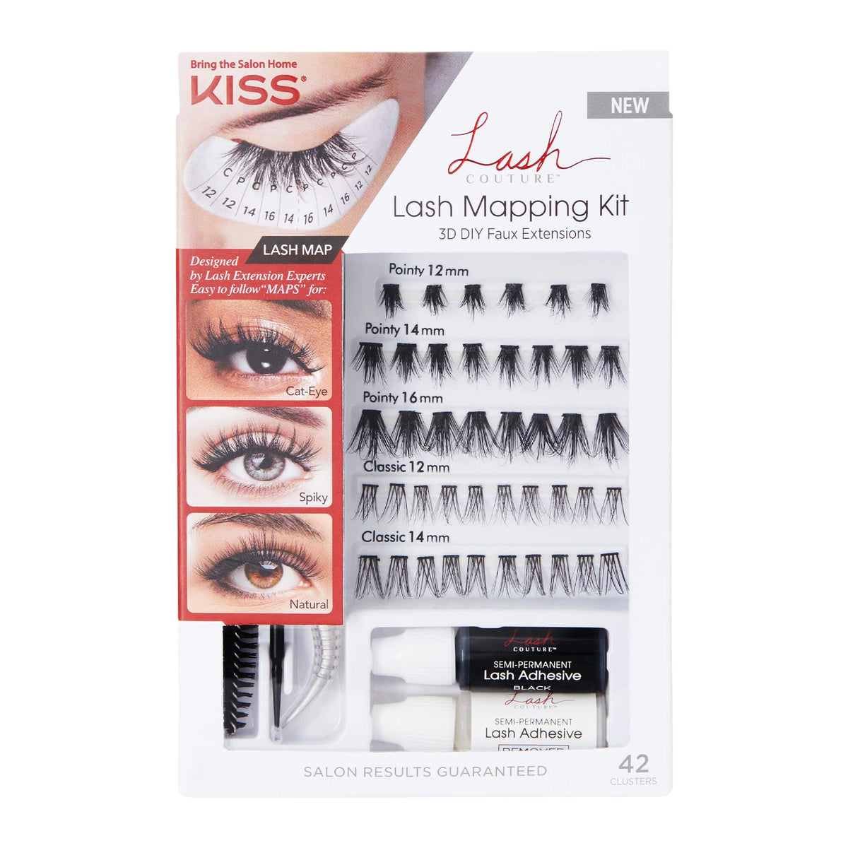 Kiss Lash Couture Mapping Kit With Adhesive, Remover, Tweezers, 42 Faux Mink Clusters