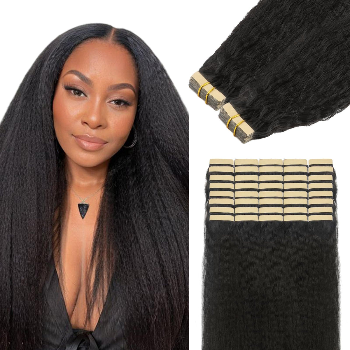 Lashey Kinky Straight Tape In Hair Extensions, 18&quot; Natural Black, 100G, 40Pcs, Human Hair