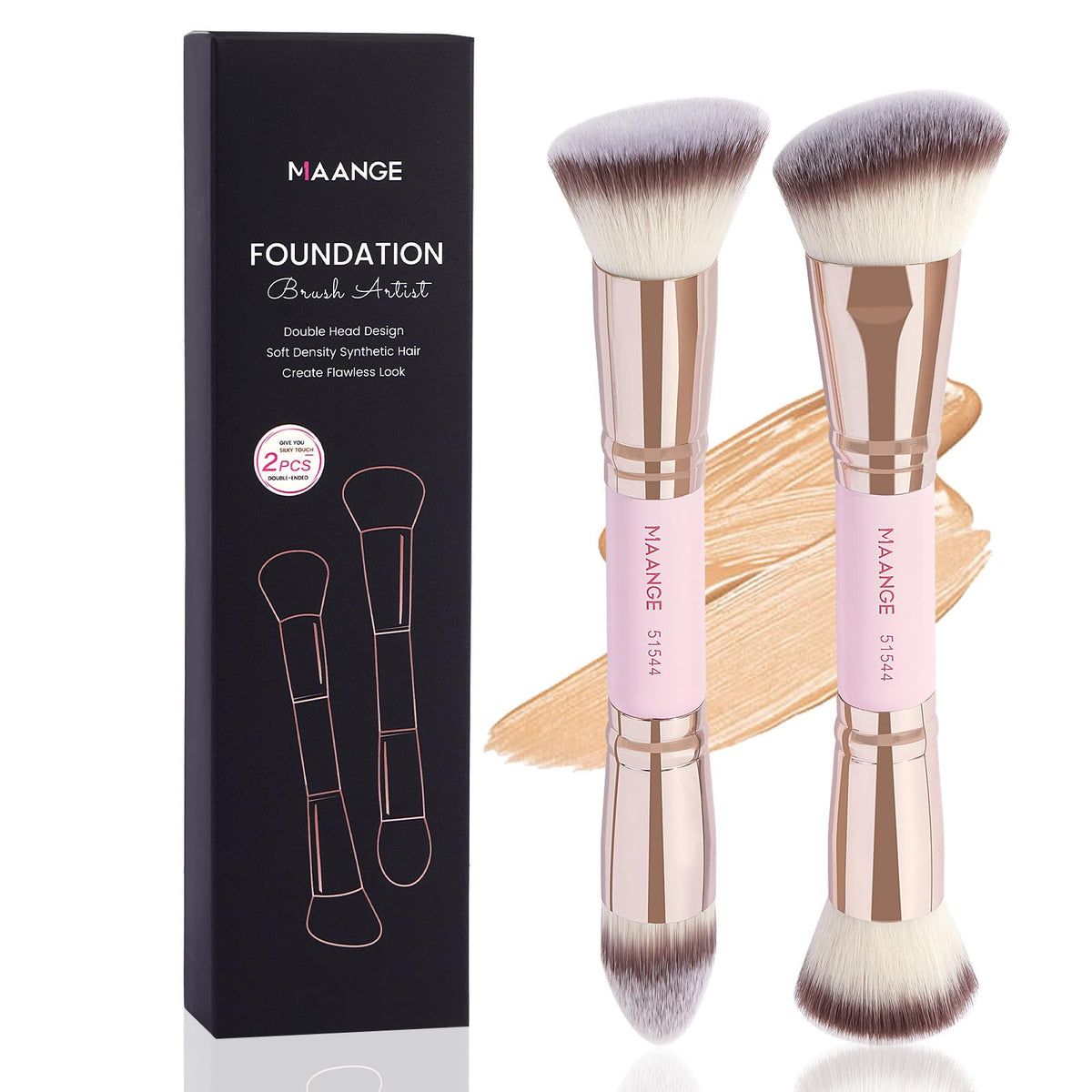 Maange 2Pcs Double-Ended Foundation Makeup Brushes - Pink/Gold For Liquid, Cream, Powder Blending