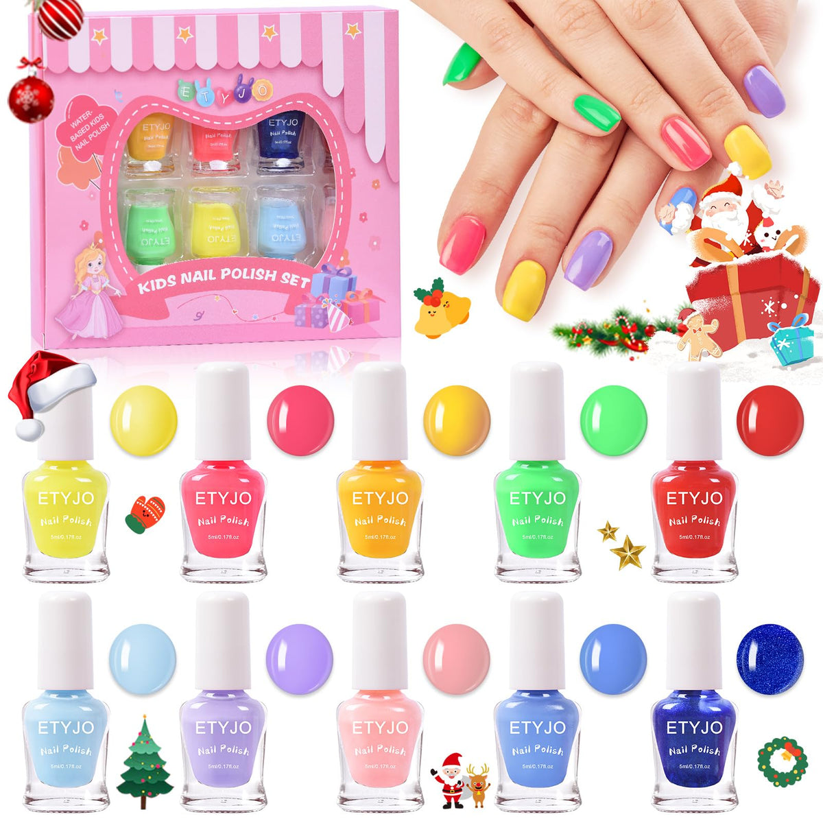 Etyjo Kids Nail Polish Set - 10 Quick Dry Non-Toxic Peel Off Colors For Girls Age 3+