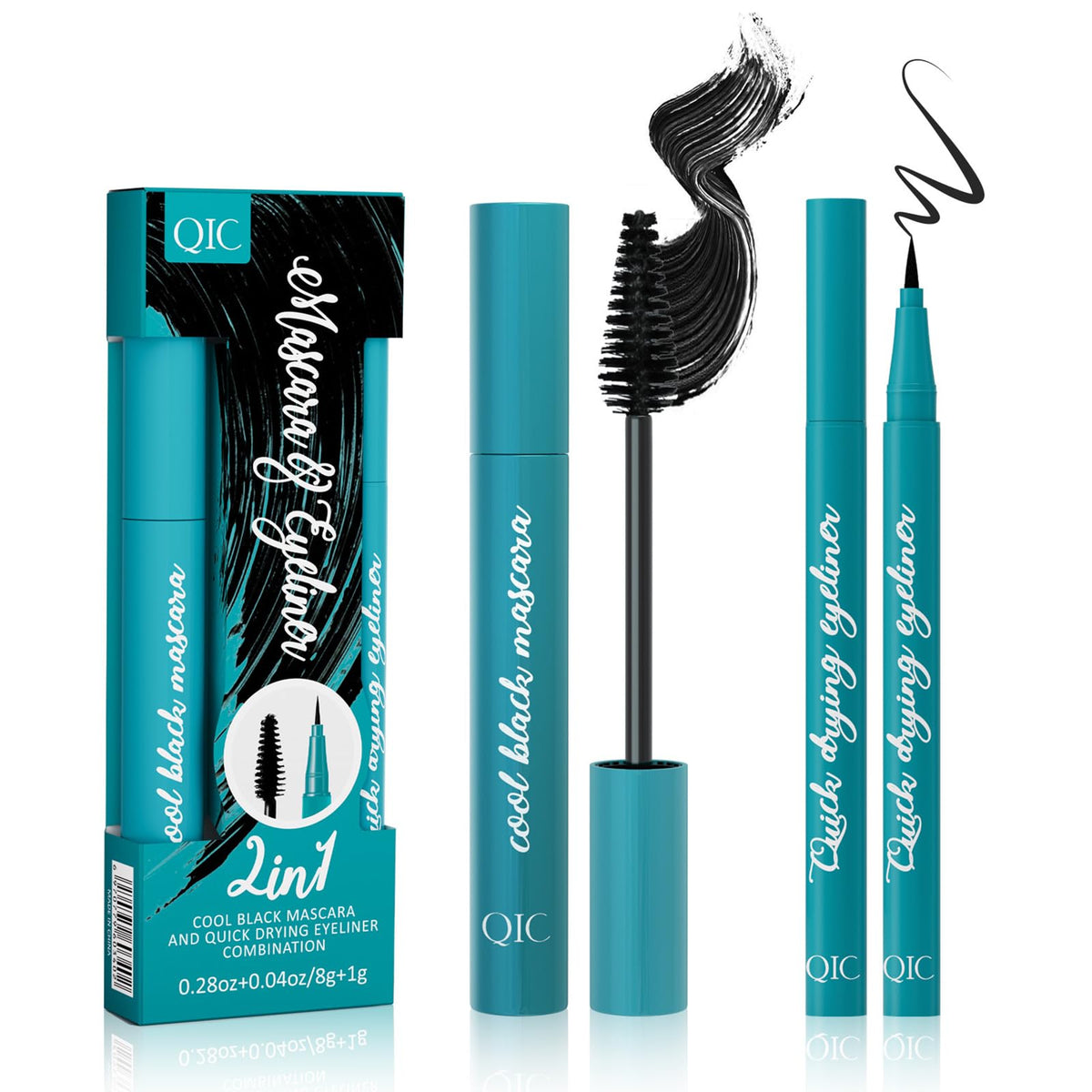 Qawnfy Thrive Mascara & Eyeliner Set - Black Waterproof, Volume & Length, Smudge-Proof, No Clump