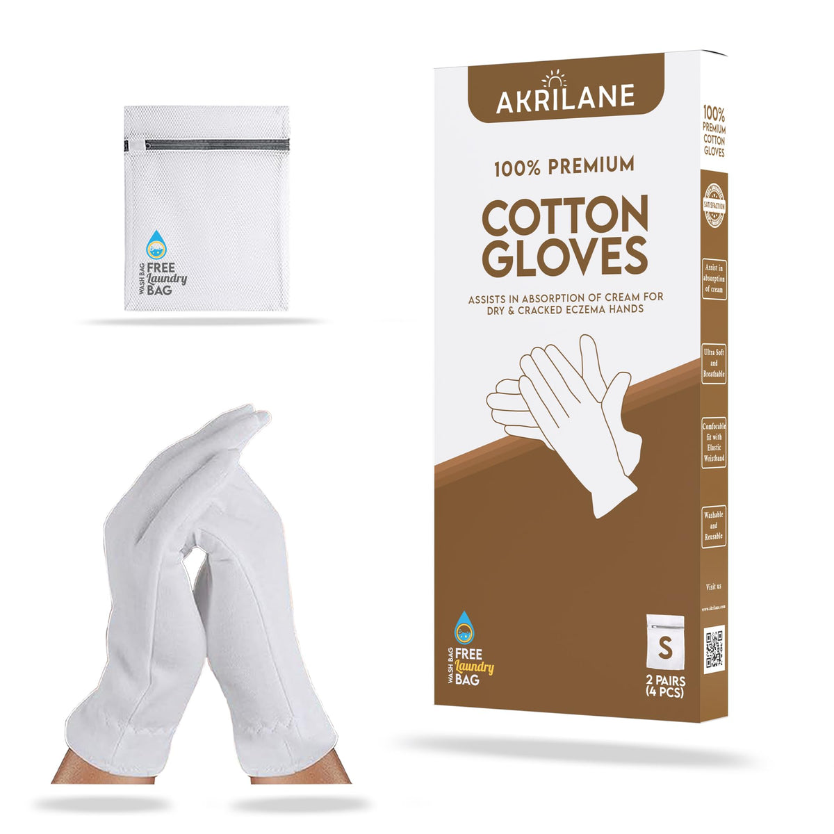 Akrilane Small 2 Pairs 100% Cotton Moisturizing Gloves For Eczema & Dry Hands - Washable & Re