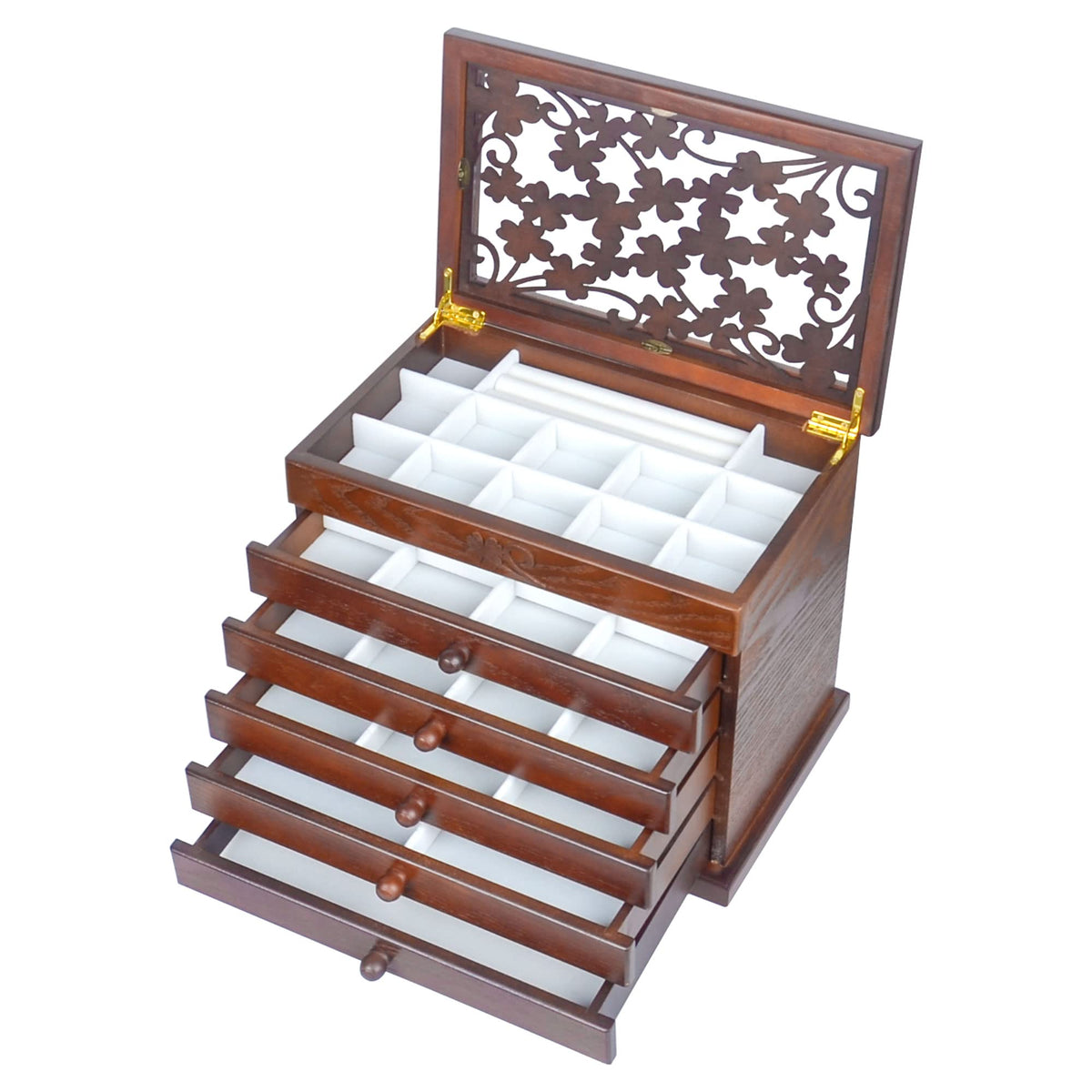 Kendal Wooden Jewelry Box For Women, 6 Layer Organizer With Leaf Patterns, Light Brown