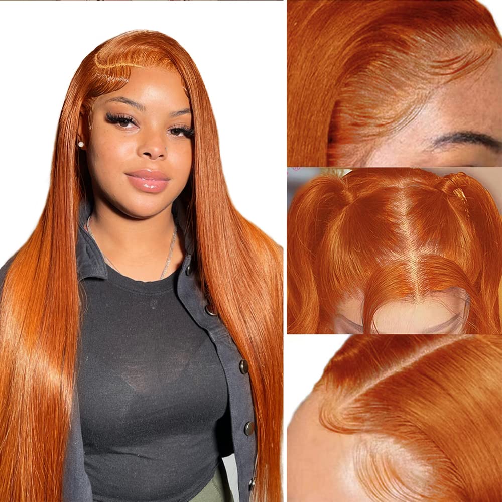 Azkiu Ginger Orange 18&quot; Lace Front Wig Human Hair, 150% Density, Pre Plucked With Baby Hair