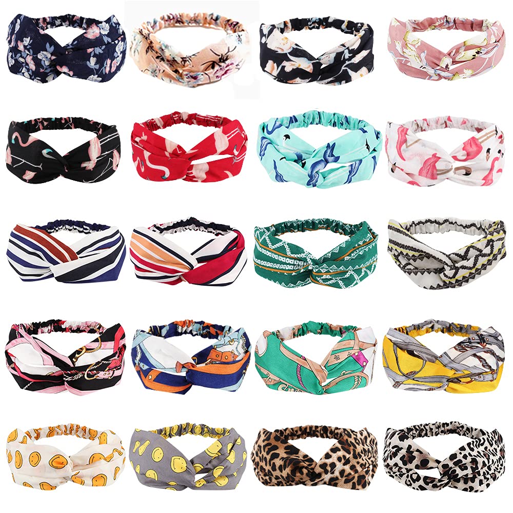 AHONEY 20 Pack Boho Headbands for Women - Non-Slip Floral Elastic Hair Bands, Beach Accessories