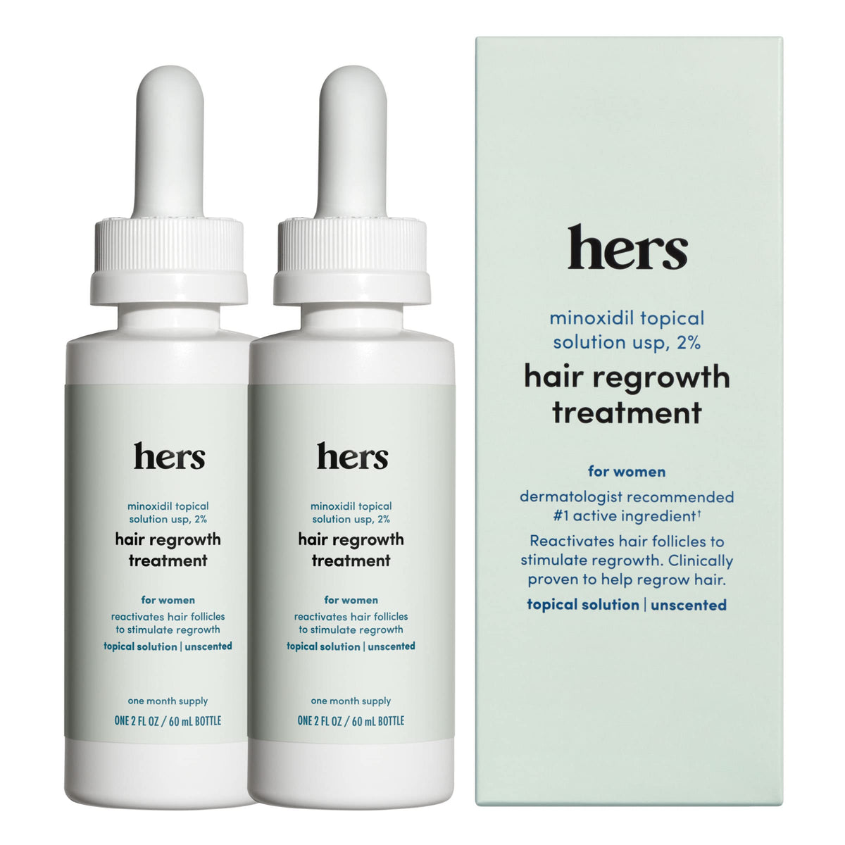 Hers Hair Regrowth Treatment For Women - 2% Minoxidil Solution, Unscented, 2 Pack, 2 Fl Oz