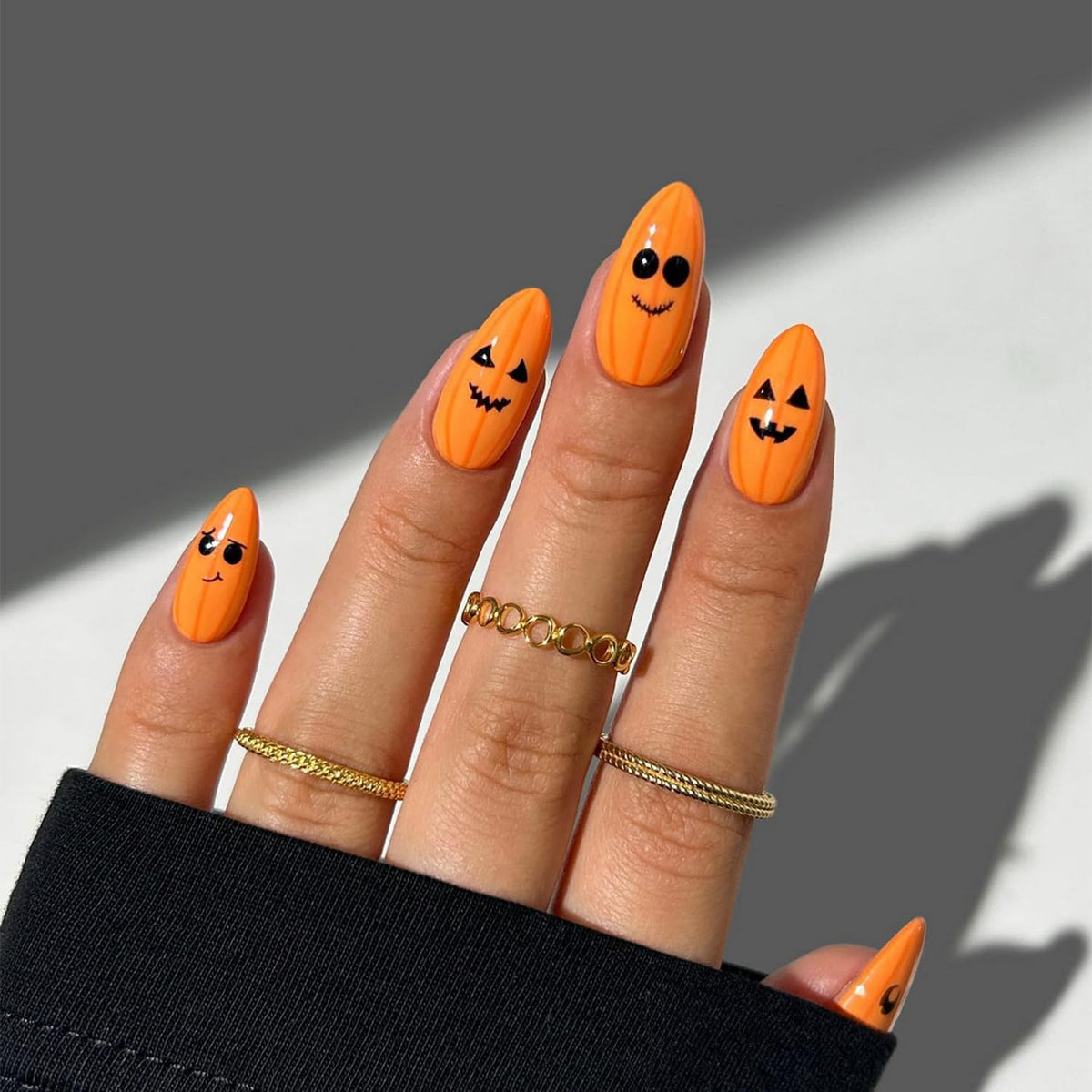 Ocouyvd Halloween Pumpkin Press On Nails - Medium Acrylic Almond Shape, 24 Pcs, Yellow Glossy