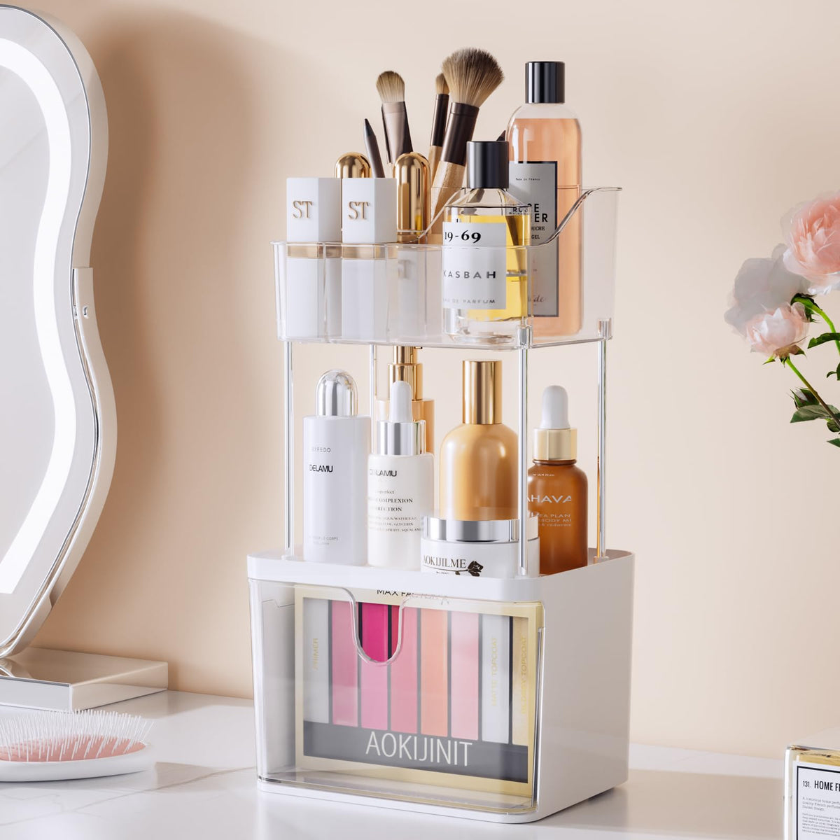 Delamu 3-Tier Clear Makeup Organizer With Large Drawers & 6-Grid Section For Cosmetics & Skincare