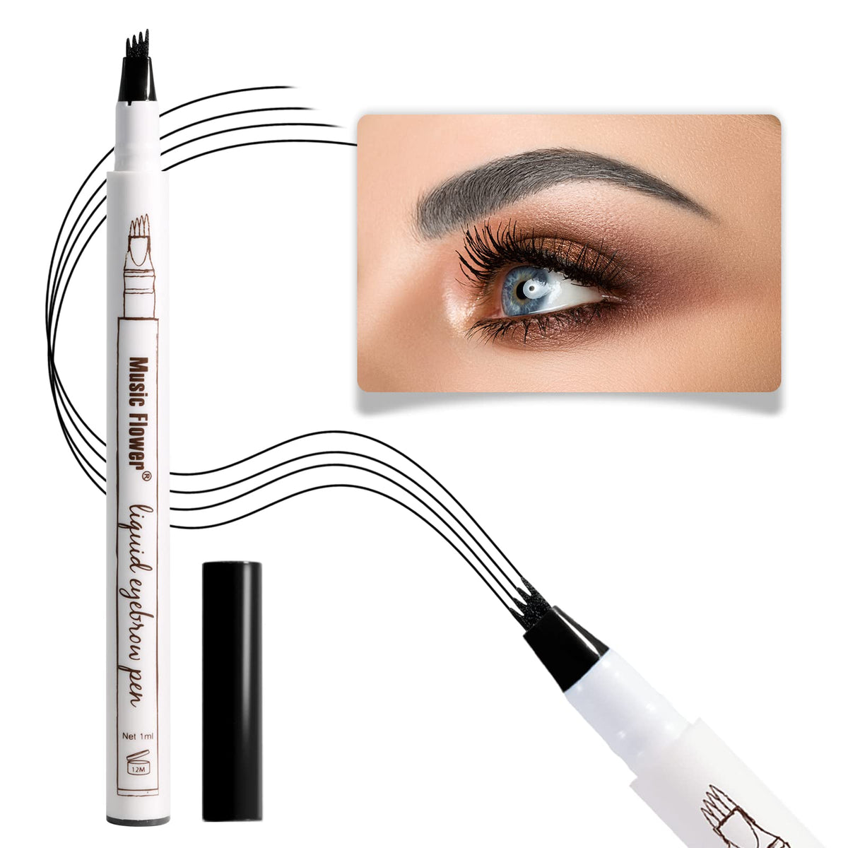 Music Flower Eyebrow Pencil - Waterproof Smudgeproof Fine Sketch Brow Pen, Black 04, 1 Count