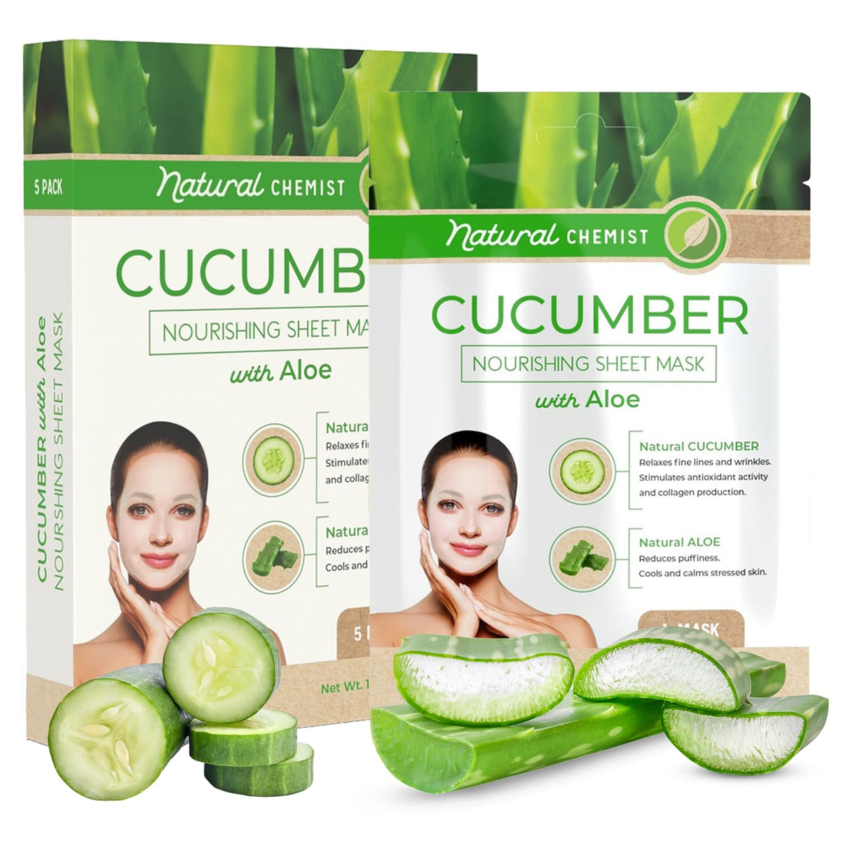 Natural Chemist Cucumber & Aloe Face Mask - Hydrating, Soothing, Cruelty-Free, 5 Masks