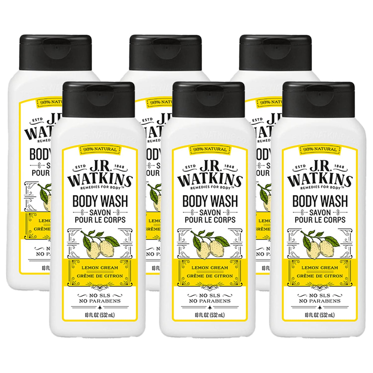 J.R. Watkins Daily Moisturizing Body Wash, Lemon Cream, 18 Fl Oz, Pack Of 6