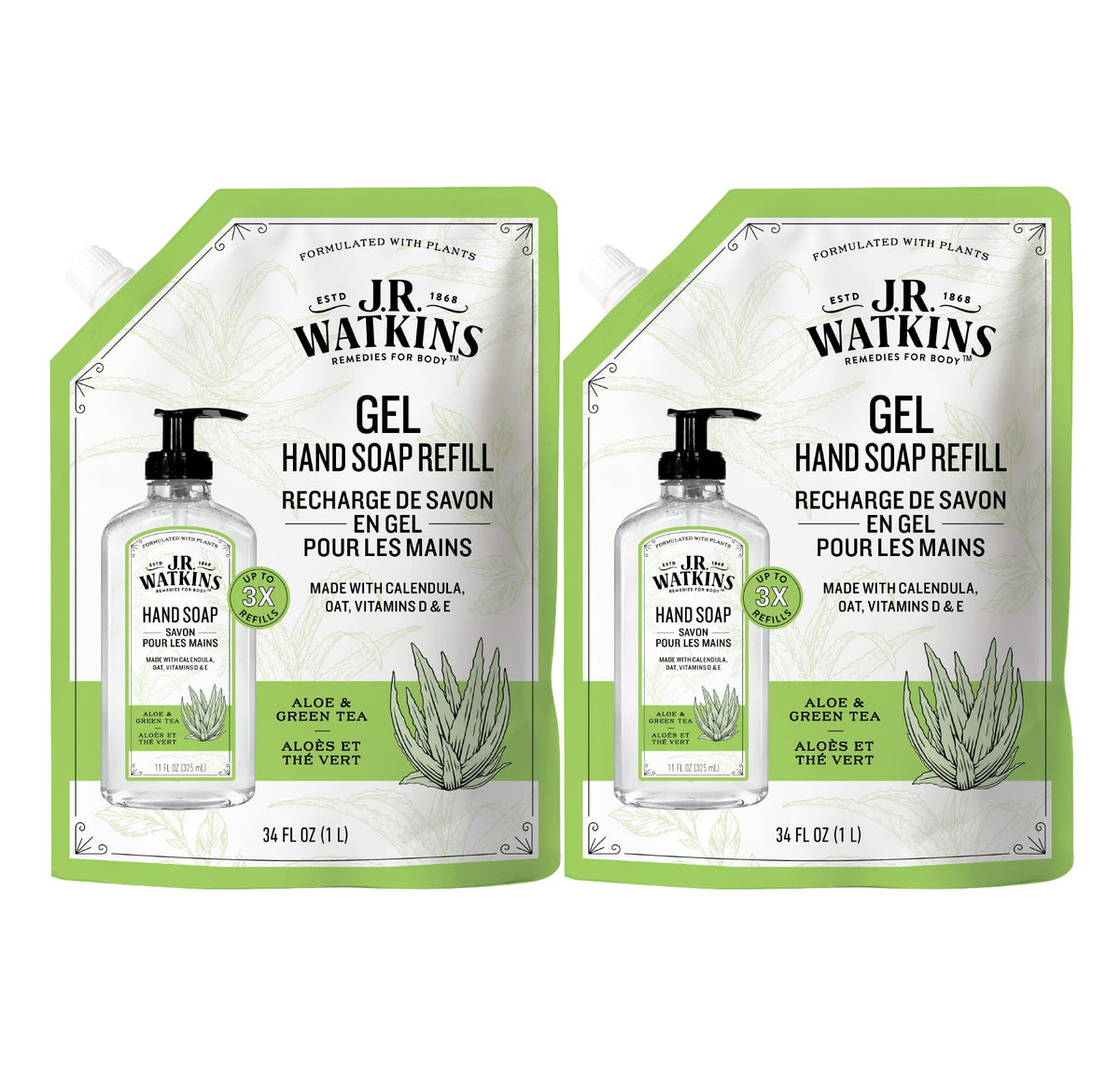 J.R. Watkins Aloe & Green Tea Gel Hand Soap Refill Pouch, 34 Fl Oz, 2 Pack, Usa Made