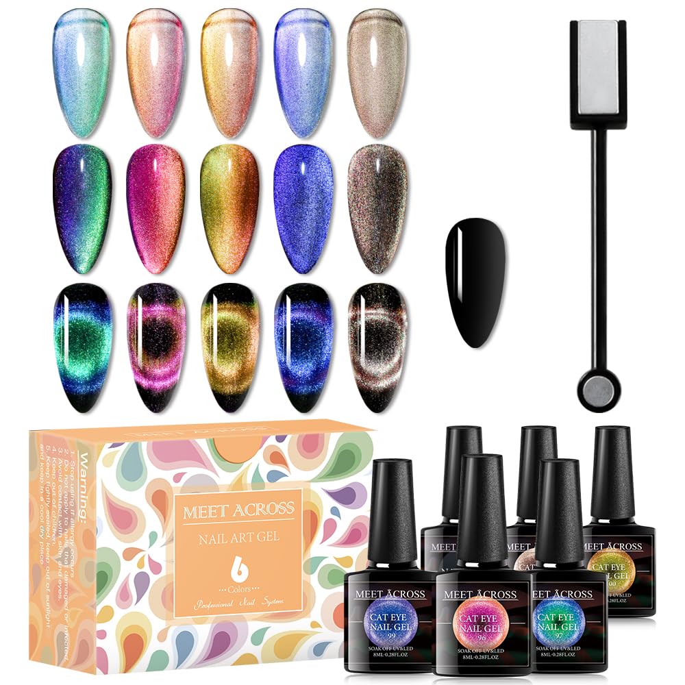 Meet Across 9D Cat Eye Gel Nail Polish Set - 6 Colors Magnetic Manicure Kit With Free Magnet Stick