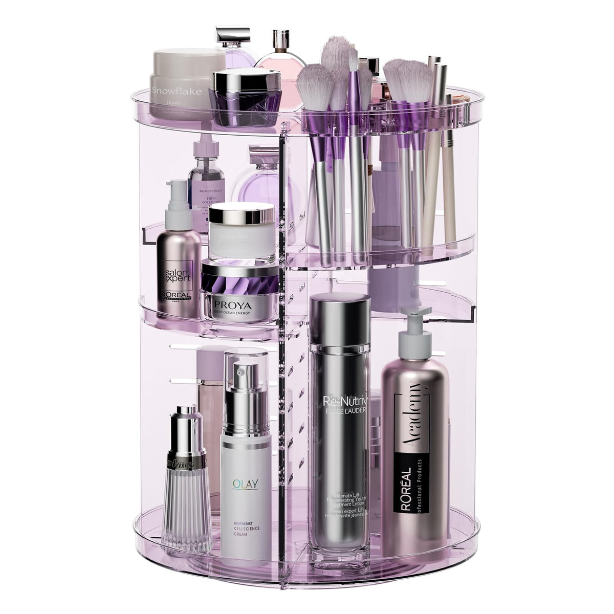 Jiavarry Rotating Makeup Organizer - Clear Purple Adjustable Tray For Vanity & Skincare Storage