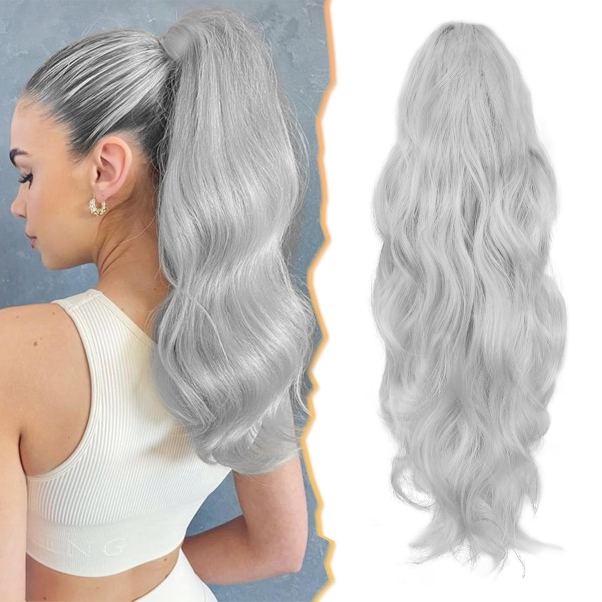 Barsdar 20&quot; Claw Clip Ponytail Extension - Long Wavy Silver Gray Synthetic Hairpiece For Women