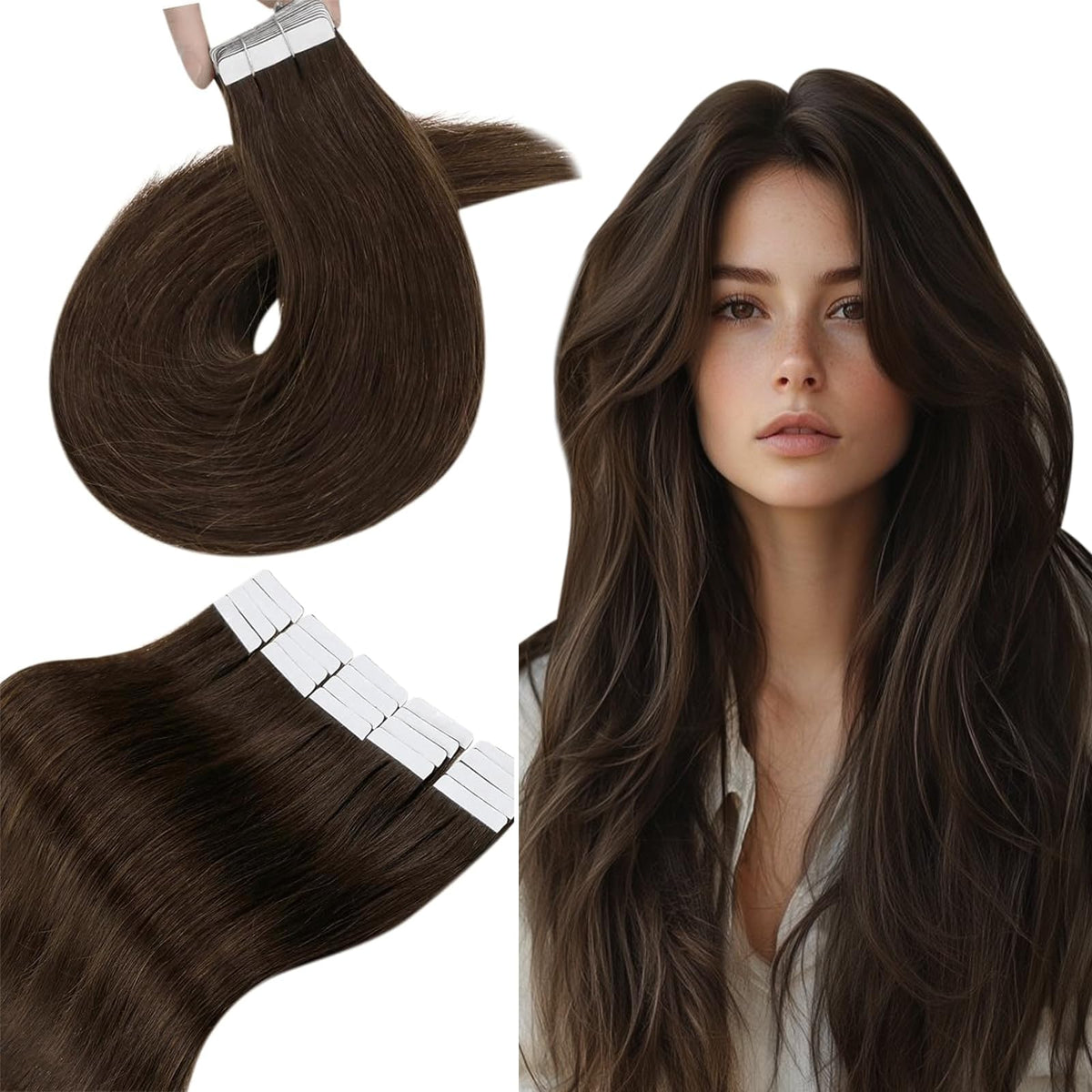 Hetto 18&quot; Brown Tape In Hair Extensions - Silky Straight Human Hair, 20Pcs, #4 Chocolate Brown