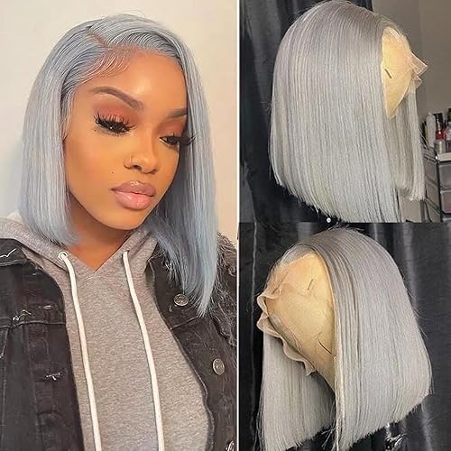 Ubetta 8 Inch Grey Bob Wig Human Hair Lace Front 13x4 HD Pre Plucked Glueless 180% Density