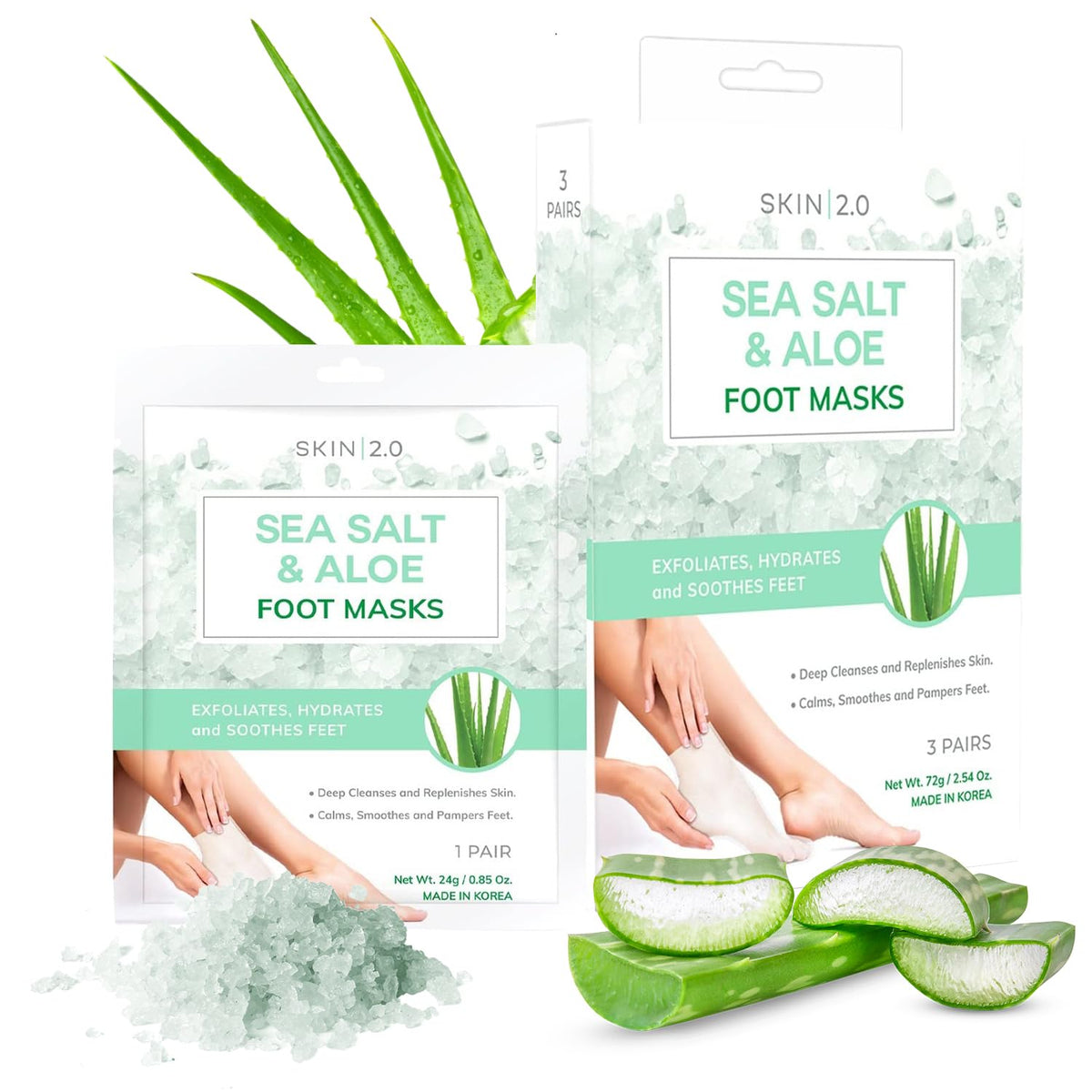 Skin 2.0 Sea Salt & Aloe Foot Masks - Cracked Heel Treatment, Hydrating, Exfoliating - 3 Pairs