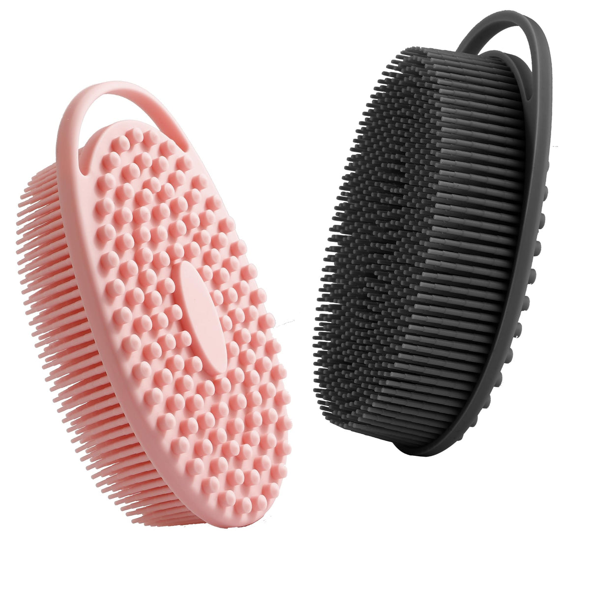 Kqnbi Silicone Body Scrubber 2 Pack - Exfoliating Loofah With Handle & Scalp Massager, Pink/Black