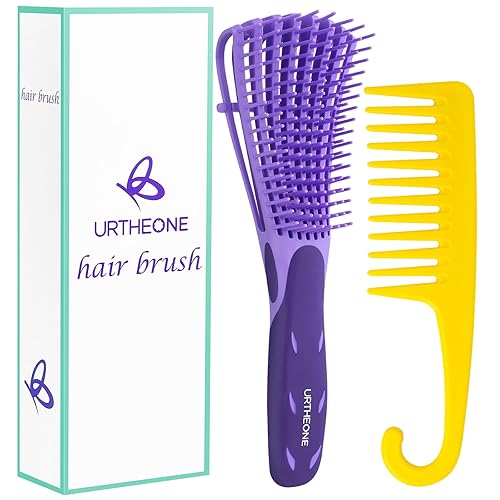 URTHEONE Detangler Brush & Wide Tooth Comb Set for Curly, Thick, and Straight Hair - Purple