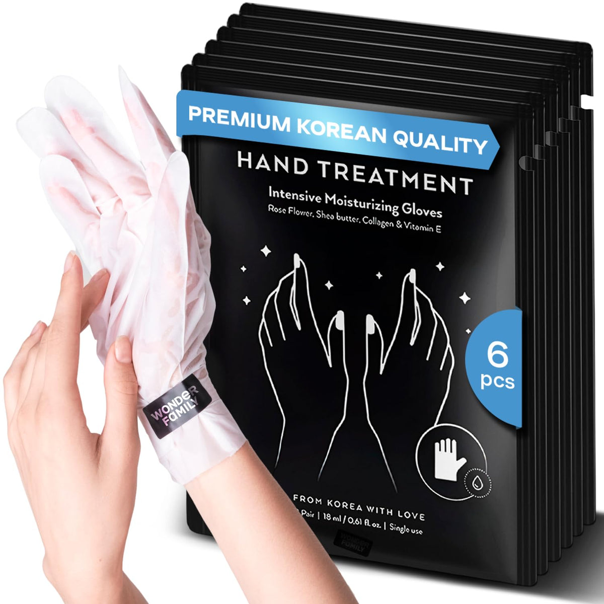 Wonder Family Korean Hand Masks - Moisturizing Gloves With Collagen & Rose Oil, 9 Count Pack