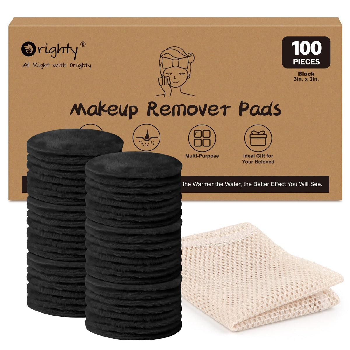 Orighty Microfiber Makeup Remover Pads 100 Count - Eco-Friendly, Reusable, Black