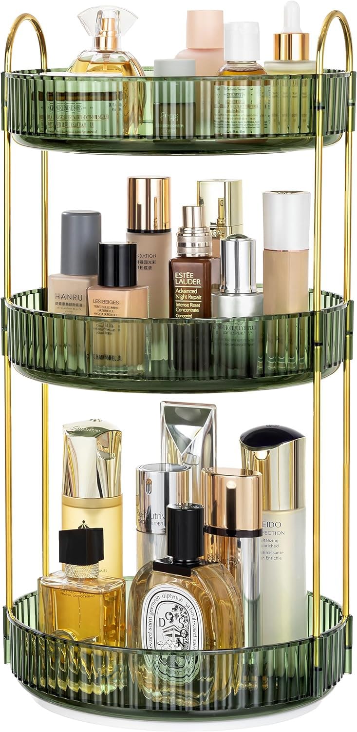 Vorey 360 Rotating Makeup Organizer - 3 Tier Green Skincare & Brush Storage For Vanity