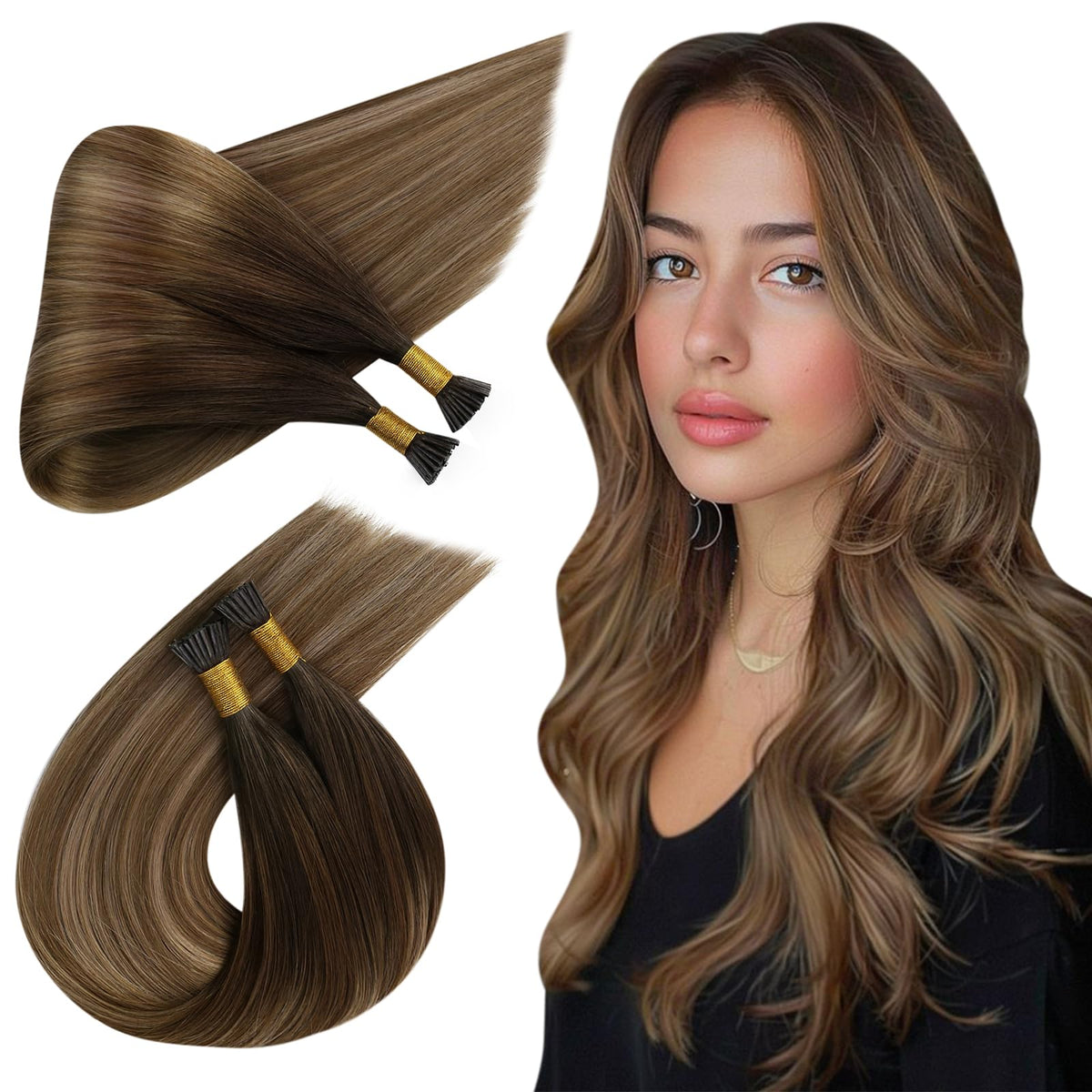 Ugeat 18&quot; I Tip Hair Extensions, Ombre Real Human Hair, Chocolate Brown to Golden Brown Blend