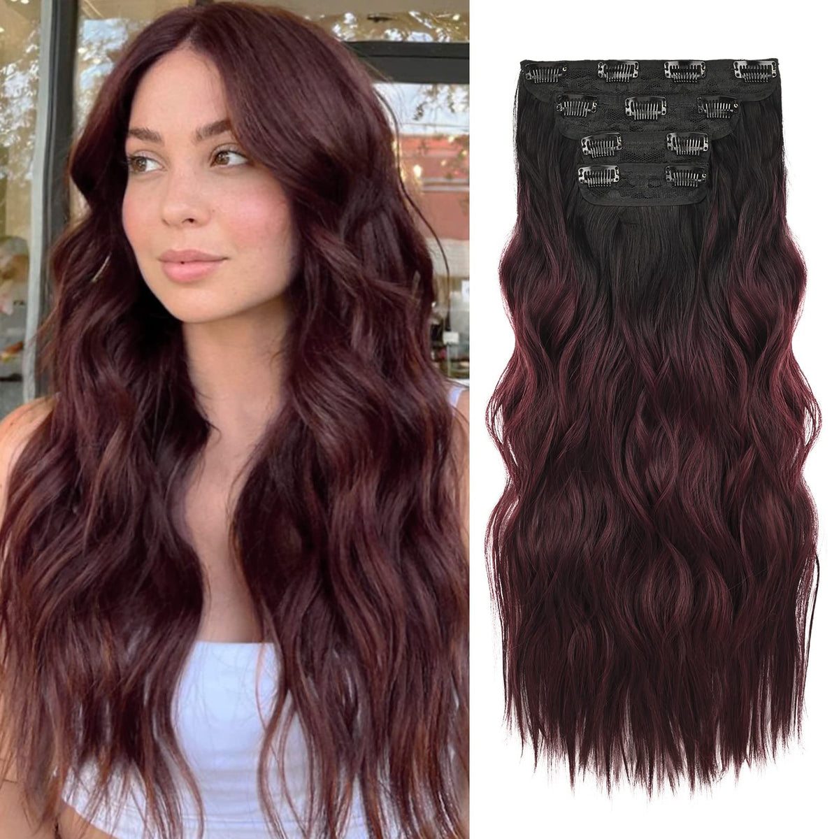 REECHO 20&quot; Clip in Hair Extensions, Black to Burgundy Ombre, 4PCS Synthetic Hairpieces