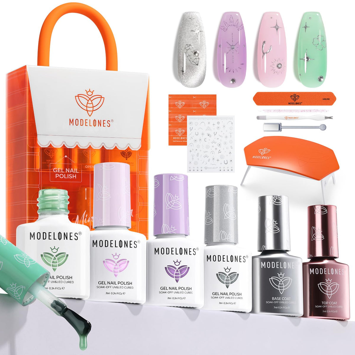 Modelones Gel Nail Polish Kit With Uv Light, Cat Eye Colors & Starburst Stickers, Manicure Set