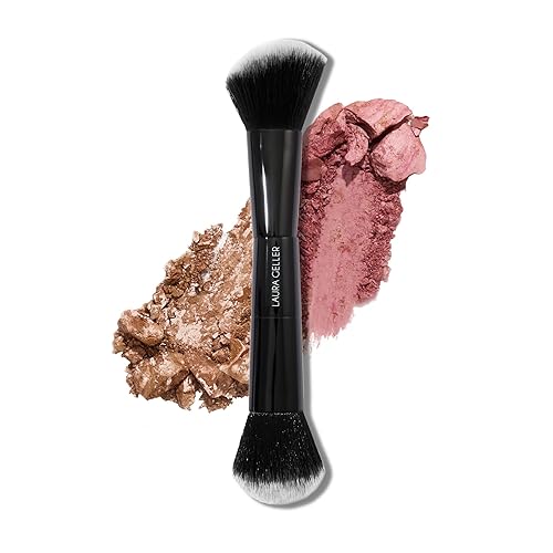 Laura Geller Dual-Ended Blush & Bronzer Brush - Contour Face Makeup Tool, Black Wood Handle