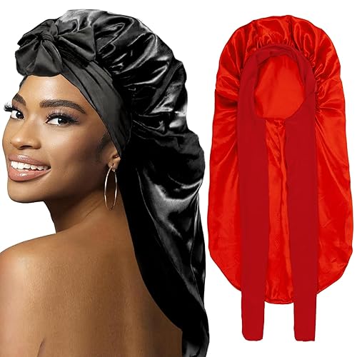 Wozutunt 2Pcs Large Satin Bonnets For Black Women - Silk Sleep Cap With Tie Band (Black & Red)