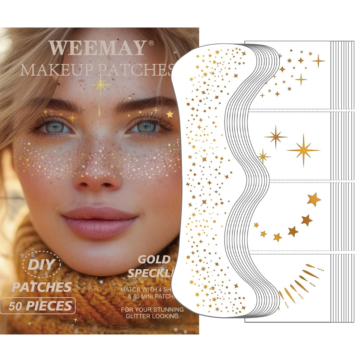 Weemay 50 Pcs Gold Glitter Freckles Face Tattoos - Waterproof, Long-Lasting Diy Makeup Patches