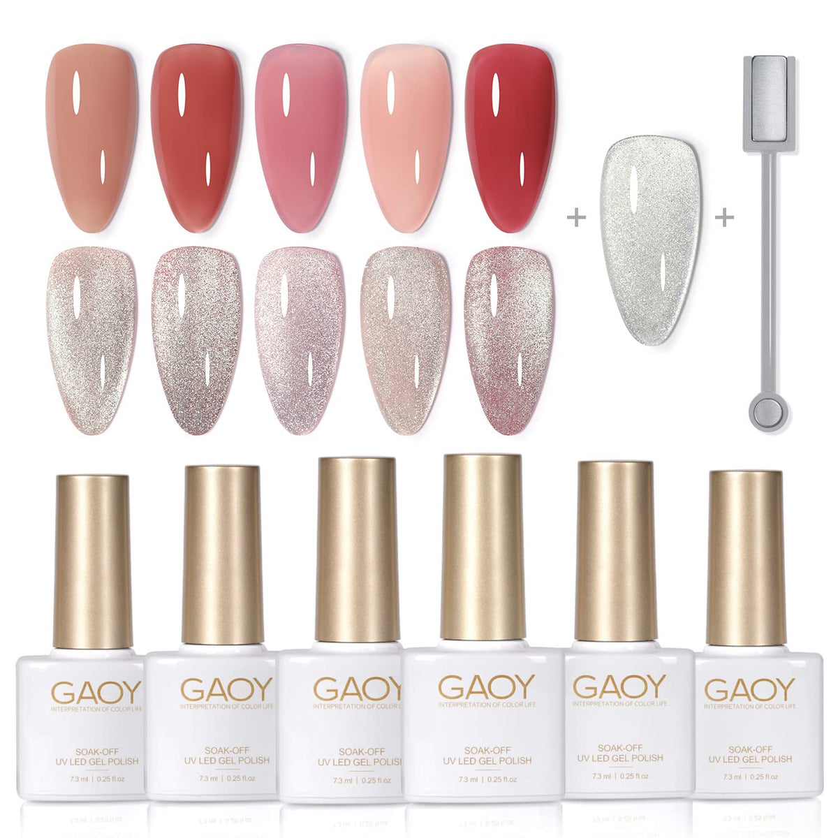 Gaoy Gel Nail Polish Set - Jelly Red Pink Nude, Glitter Cat Eye, 6 Pack For Diy Nail Art