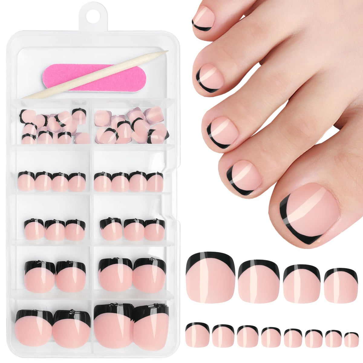 AddFavor 120pcs Black French Press on Toenails, Glossy Acrylic Full Cover Nail Tips for Women