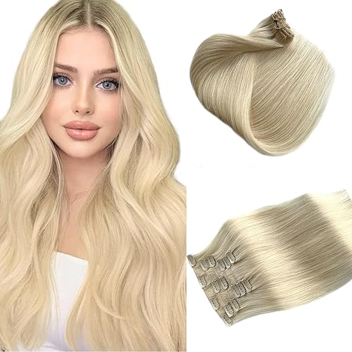 Munx Clip in Hair Extensions 70g Remy Human Hair 18&quot; Blonde #60, 7 Pieces, Silky Straight