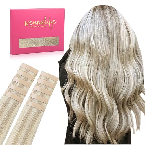 WENNALIFE Ash Blonde Highlighted Tape in Hair Extensions, 18&quot; Remy Human Hair, 10pcs 25g