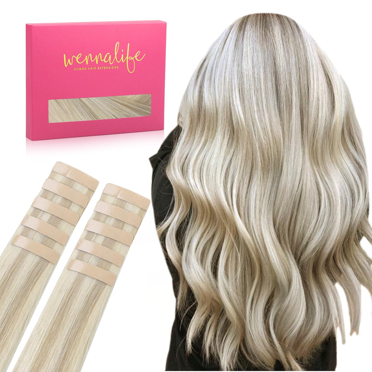 WENNALIFE 20&quot; Tape in Hair Extensions Ash Blonde & Platinum Blonde, 10pcs Remy Human Hair